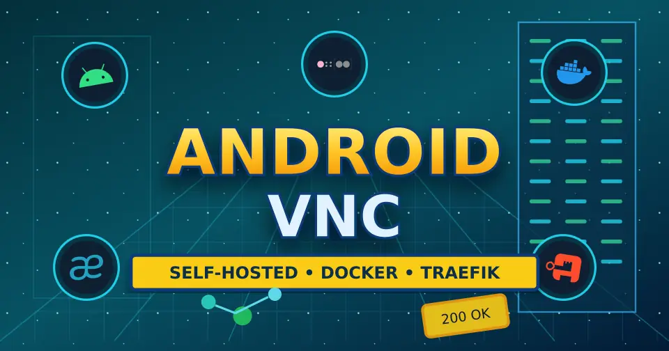 Bold Android Redroid poster with real Android, Docker, Traefik, Authentik, and Headscale icons