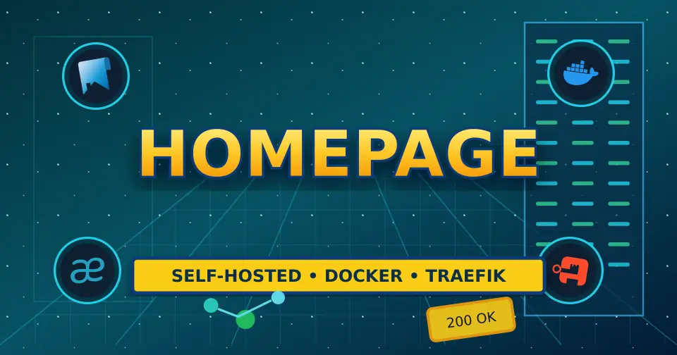 Bold dark service documentation poster for Homepage using only relevant service icons from the documented stack.