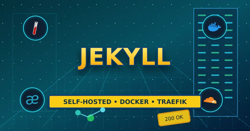 Bold dark service documentation poster for Jekyll Docs using only relevant service icons from the documented stack.