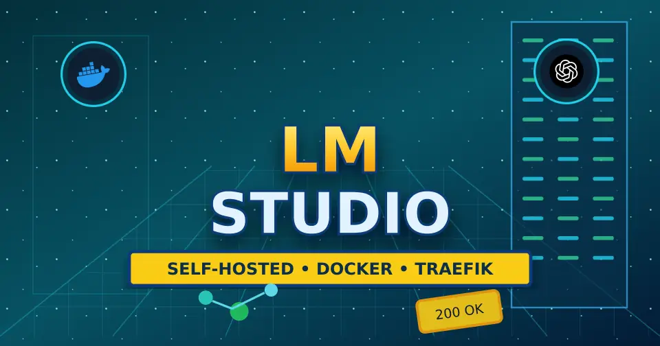 Bold dark service documentation poster for LM Studio using only relevant service icons from the documented stack.