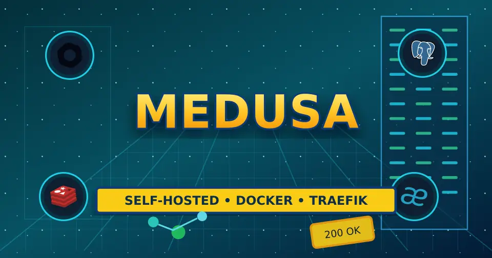 Bold dark DevOps poster for a Medusa commerce stack with Redis, Postgres, Docker and Traefik.