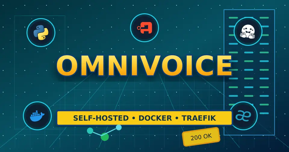 Bold OmniVoice poster with real Python, Docker, Traefik, Authentik, and Hugging Face icons