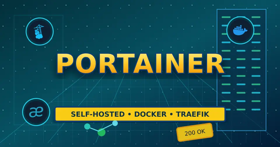 Bold dark service documentation poster for Portainer using only relevant service icons from the documented stack.