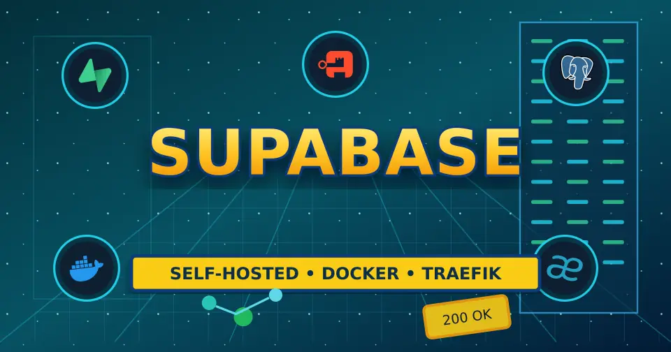 Bold Supabase homelab poster with real Supabase, PostgreSQL, Docker, Traefik, and Authentik icons