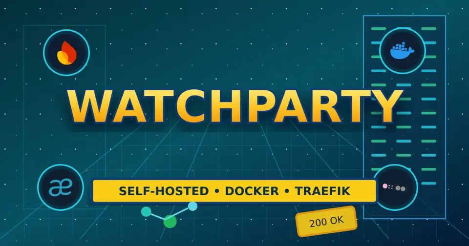 Bold dark service documentation poster for WatchParty using only relevant service icons from the documented stack.
