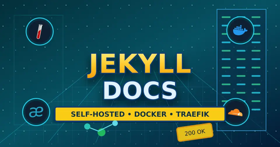Bold dark service documentation poster for Jekyll Docs using only relevant service icons from the documented stack.