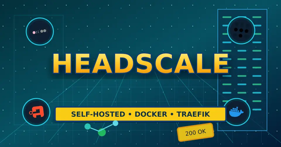 Bold dark service documentation poster for Headscale UI using only relevant service icons from the documented stack.