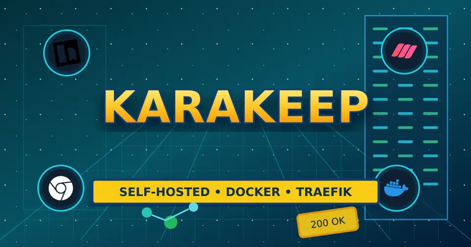 Bold dark service documentation poster for Karakeep using only relevant service icons from the documented stack.